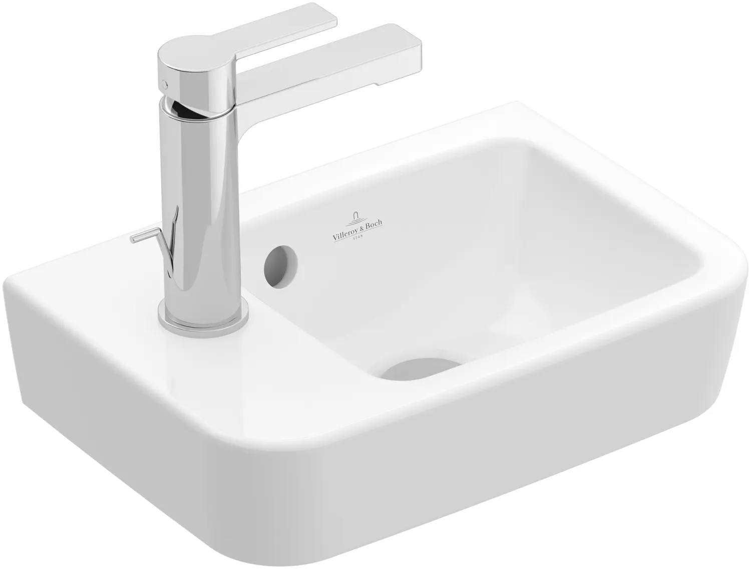 Villeroy & Boch Handwaschbecken „O.novo“ Compact 360 × 250 × 145 mm, Hahnlochposition links, für Becken rechts, mit Hahnlochbohrung in Weiß Alpin Villeroy & Boch Handwaschbecken „O.novo“ Compact 360 × 250 × 145 mm, Hahnlochposition links, für Becken rechts, mit Hahnlochbohrung in Weiß Alpin