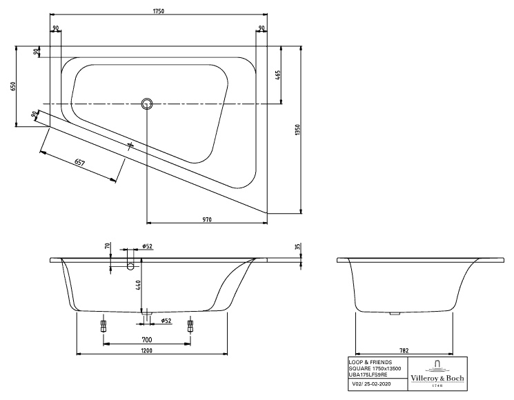 Villeroy & Boch Badewanne mit eckiger Innenform „Loop & Friends“ umlaufender Wannenrand trapez 175 × 135 cm, rechts, Mittelablauf 