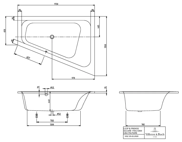 Villeroy & Boch Whirlwanne mit eckiger Innenform und umlaufenden Wannenrand „Loop & Friends“ mit Whirlsystem „Airpool Entry“ trapez 175 × 135 cm, rechts