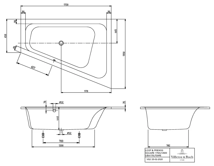 Villeroy & Boch Badewanne mit eckiger Innenform und umlaufenden Wannenrand „Loop & Friends“ trapez 175 × 135 cm, rechts, Mittelablauf in Weiß Alpin