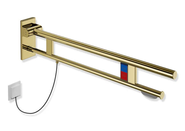 HEWI Stützklappgriff Duo System 900, Design A, Edelstahl PVD gold glänzend, Ausladung 900 mm, mit WC-Papierhalter und Spül-/Funktionstasten (E-Ausführung), links