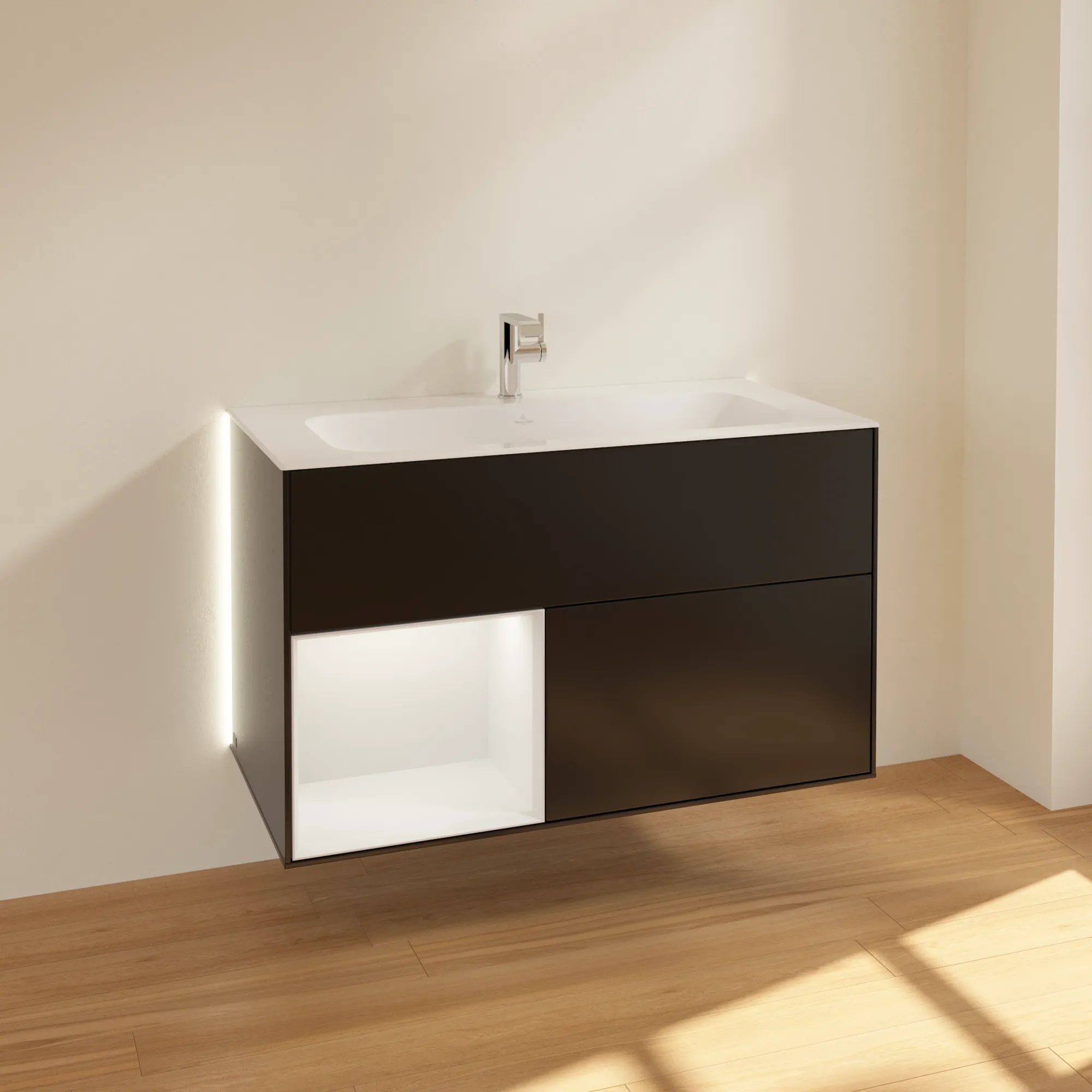 Villeroy & Boch Waschtischunterschrank „Finion“ für Schrankwaschtisch 996 × 591 × 498 mm Black Matt Lacquer, für Becken mittig Villeroy & Boch Waschtischunterschrank „Finion“ für Schrankwaschtisch 996 × 591 × 498 mm Black Matt Lacquer, für Becken mittig