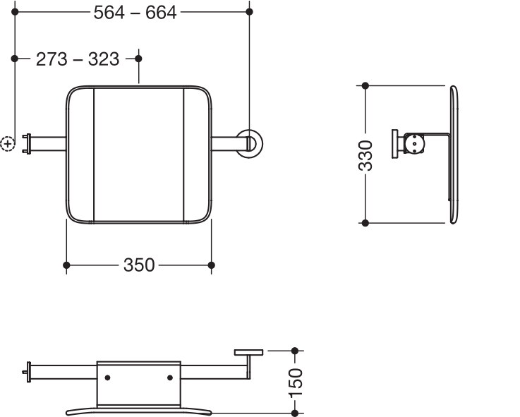 Rückenstütze, System 900, Anbindung Edst. PVD., Lehne Kst., schwarz, Achsmaß verstellbar 564-664 mm, T: 150 mm, einseitig Wandmontage mit Rosetten (links), einseitig Montage an SK-Griffen, Design (A) (rechts), in Farbe CK (messing glänzend)