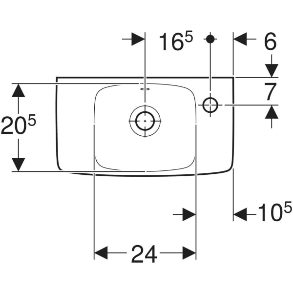 Wandwaschtisch mit Ablagefläche „Renova Compact“, rechteckig, mit Überlauf, Hahnlochposition rechts, Ablagefläche links 45 × 25 cm in weiß alpin