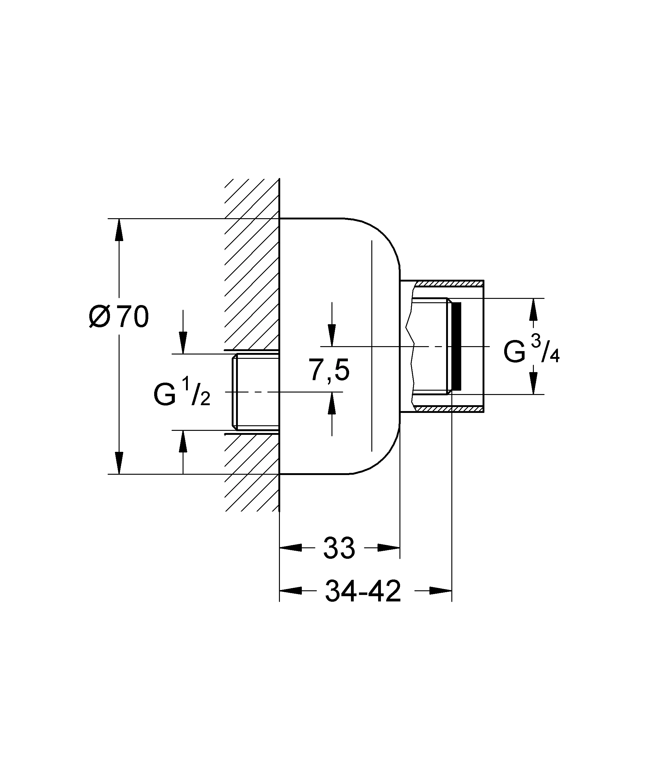 S-Anschluss 12023, 1/2'' x 3/4'', Verstellbarkeit 7,5 mm, Schubrosette, für Chiara/Grohtherm 3000 Wandbatterien, chrom