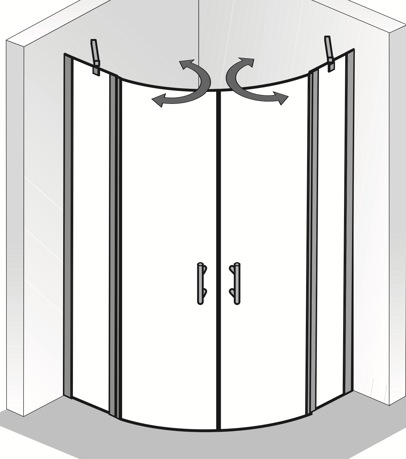 HSK gerahmte Runddusche mit Drehtüren 4-teilig pendelbar „Favorit Nova“ Glas Linea 01 (80 cm), Profile Weiß, H: 1950 mm HSK gerahmte Runddusche mit Drehtüren 4-teilig pendelbar „Favorit Nova“ Glas Linea 01 (80 cm), Profile Weiß, H: 1950 mm