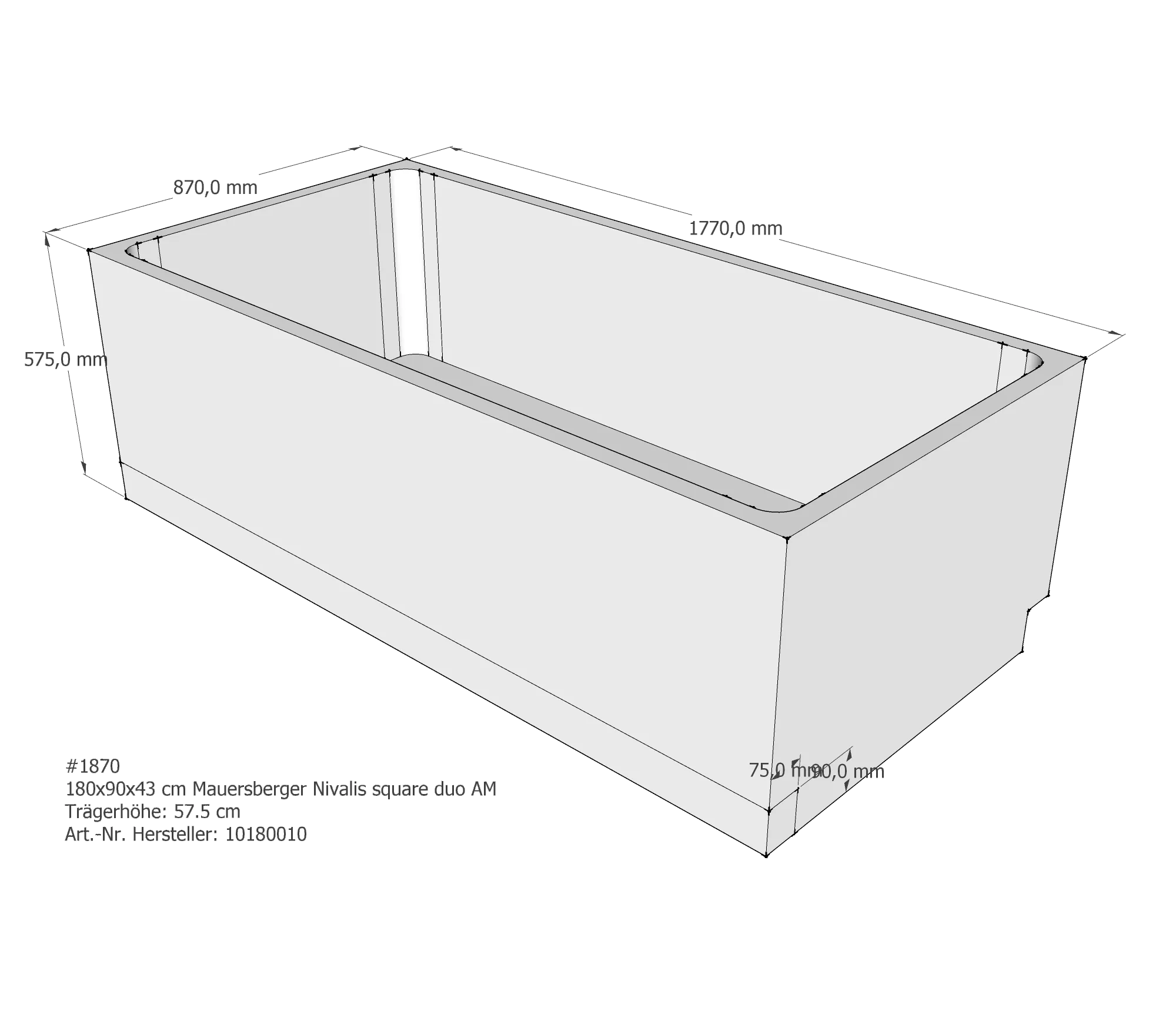 Badewannenträger für Mauersberger Nivalis square duo 180 × 90 × 43 cm