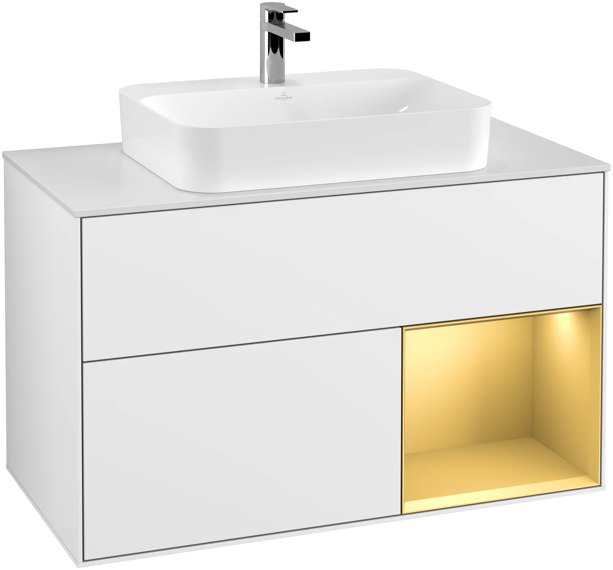 Villeroy & Boch Finion Waschbeckenunterschrank G37, 1000x603x501mm, Glossy White Lacquer / Gold Matt Lacquer / Glass White Matt