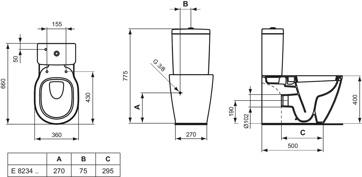 Standtiefspülkombi Connect, Abgang waagrerecht verdeckt, 360x660x775mm, Weiß