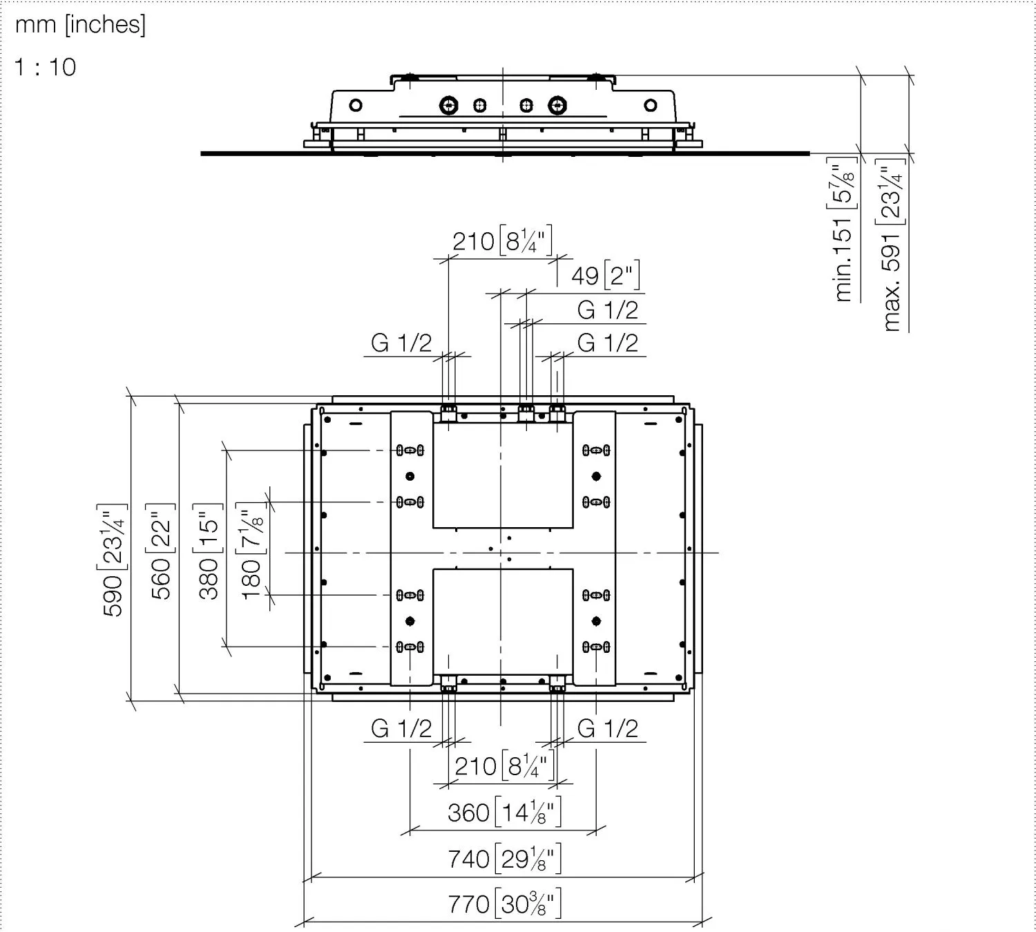 Dornbracht SERENITY SKY+ UP-Deckeneinbaukasten - Bausatz-Vormontage, flächenbündiger Reflexionskasten, 662x482mm, RAL 9003 signalweiß, Max. Einbautiefe 590mm, Min. Einbautiefe 150mm, 5x Anschluss IG ½″, Gewicht 15kg Dornbracht SERENITY SKY+ UP-Deckeneinbaukasten - Bausatz-Vormontage, flächenbündiger Reflexionskasten, 662x482mm, RAL 9003 signalweiß, Max. Einbautiefe 590mm, Min. Einbautiefe 150mm, 5x Anschluss IG ½″, Gewicht 15kg