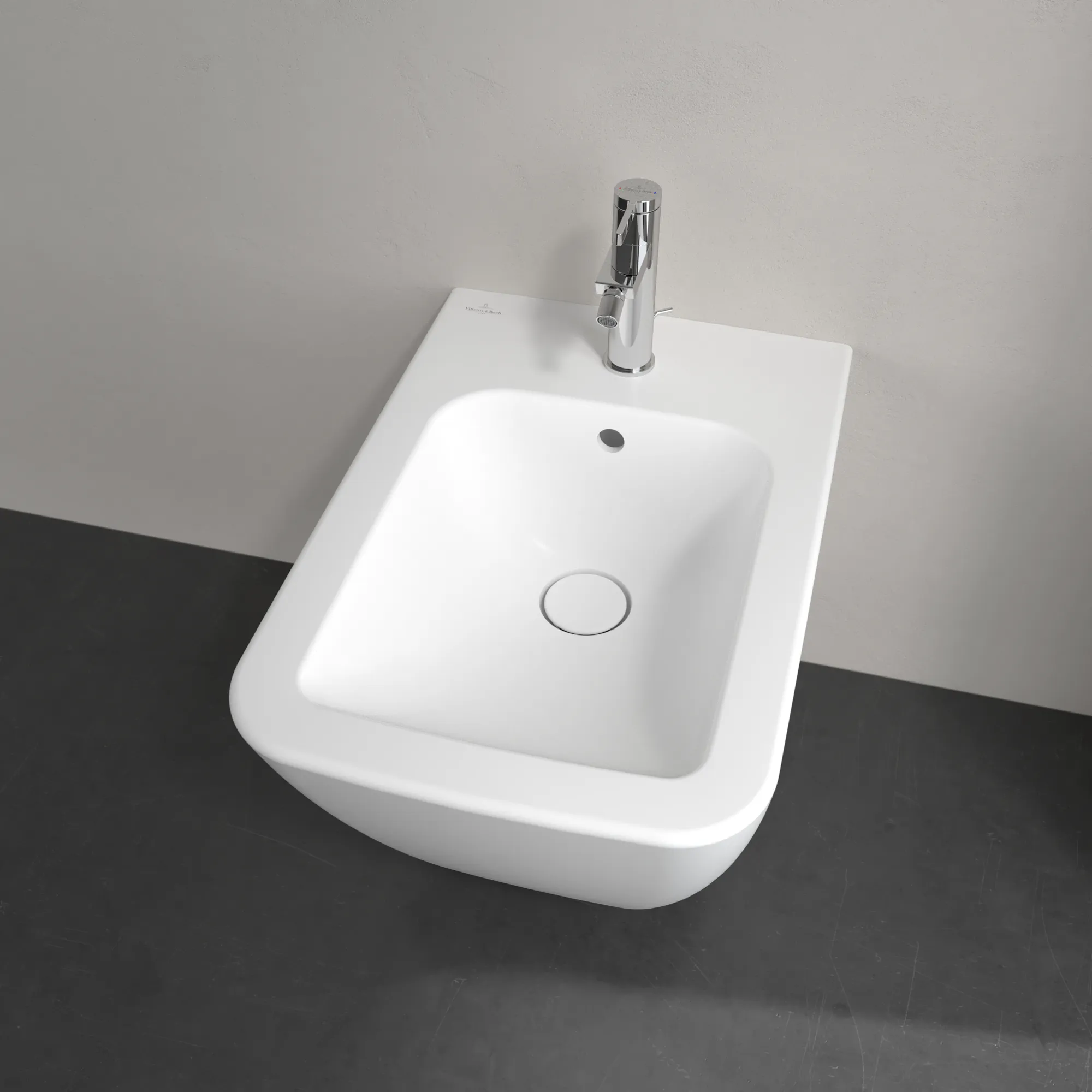 Villeroy & Boch Bidet „Finion“, Befestigung verdeckt, mit Hahnlochbohrung 375 × 320 × 560 mm in Stone White, mit CeramicPlus