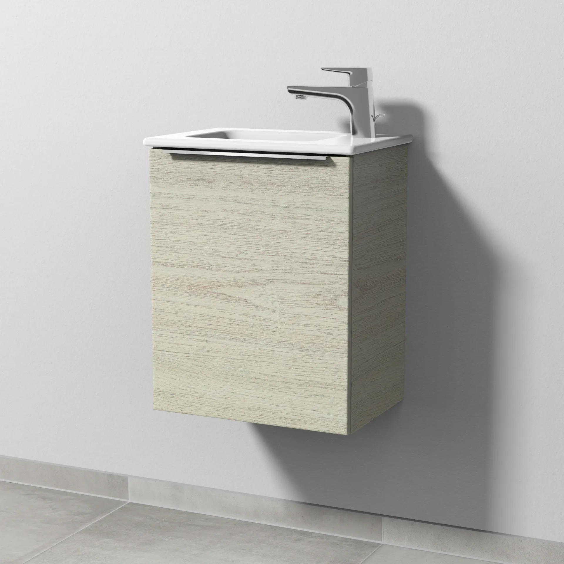 Sanipa Waschtischunterschrank „3way“ passend zu Keramik-Waschtische ME by Starck von Duravit 410 × 513 × 293 mm in White Oak, Anschlag links