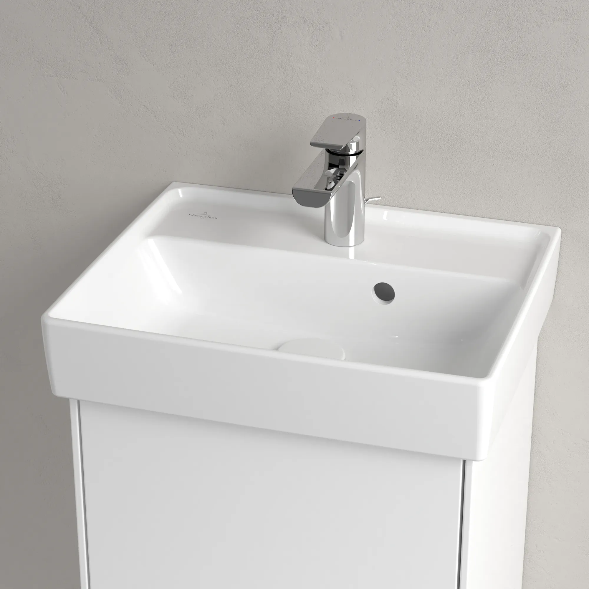 Villeroy & Boch Handwaschbecken aus TitanCeram „Collaro“ 450 × 370 × 150 mm, mit Hahnlochbohrung, Hahnlochposition mittig in Weiß Alpin Villeroy & Boch Handwaschbecken aus TitanCeram „Collaro“ 450 × 370 × 150 mm, mit Hahnlochbohrung, Hahnlochposition mittig in Weiß Alpin