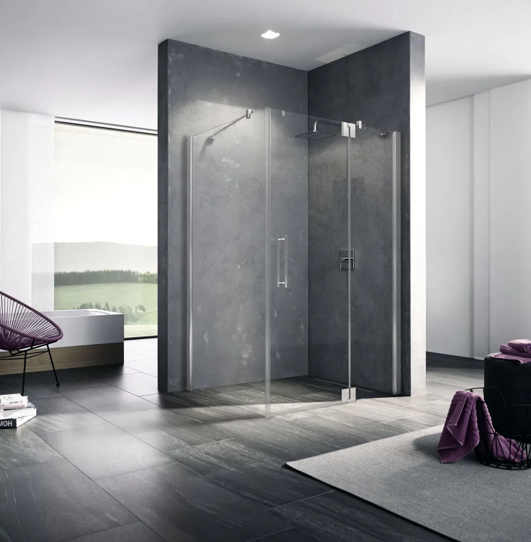 PASA XP PX1WR Pendeltür 1-flügelig mit Festfeld rechts, für Ecke, Höhe 2000 mm, Wanneneinbaumaß 1380-1410 / 1375-1405 mm, Breitenverstellmaß 1370-1400 mm, Glasaußenkante 1355-1385 mm, Farbe Silber Mattglanz, Glas ESG Klar