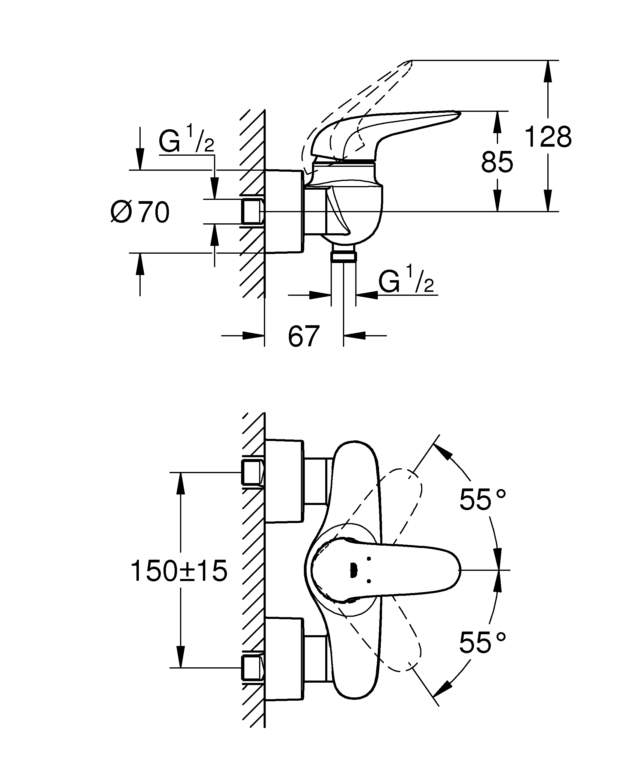 Einhand-Brausebatterie Eurostyle 23722_3, Wandmontage, eigensicher, geschlossener Metall-Hebelgriff, chrom