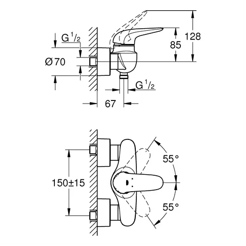 Einhand-Brausebatterie Eurostyle 23722_3, Wandmontage, eigensicher, geschlossener Metall-Hebelgriff, chrom Einhand-Brausebatterie Eurostyle 23722_3, Wandmontage, eigensicher, geschlossener Metall-Hebelgriff, chrom