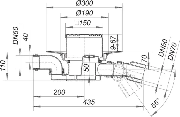 Bodenablauf 55 KE, DN 50/DN 70, 150 x 150 mm