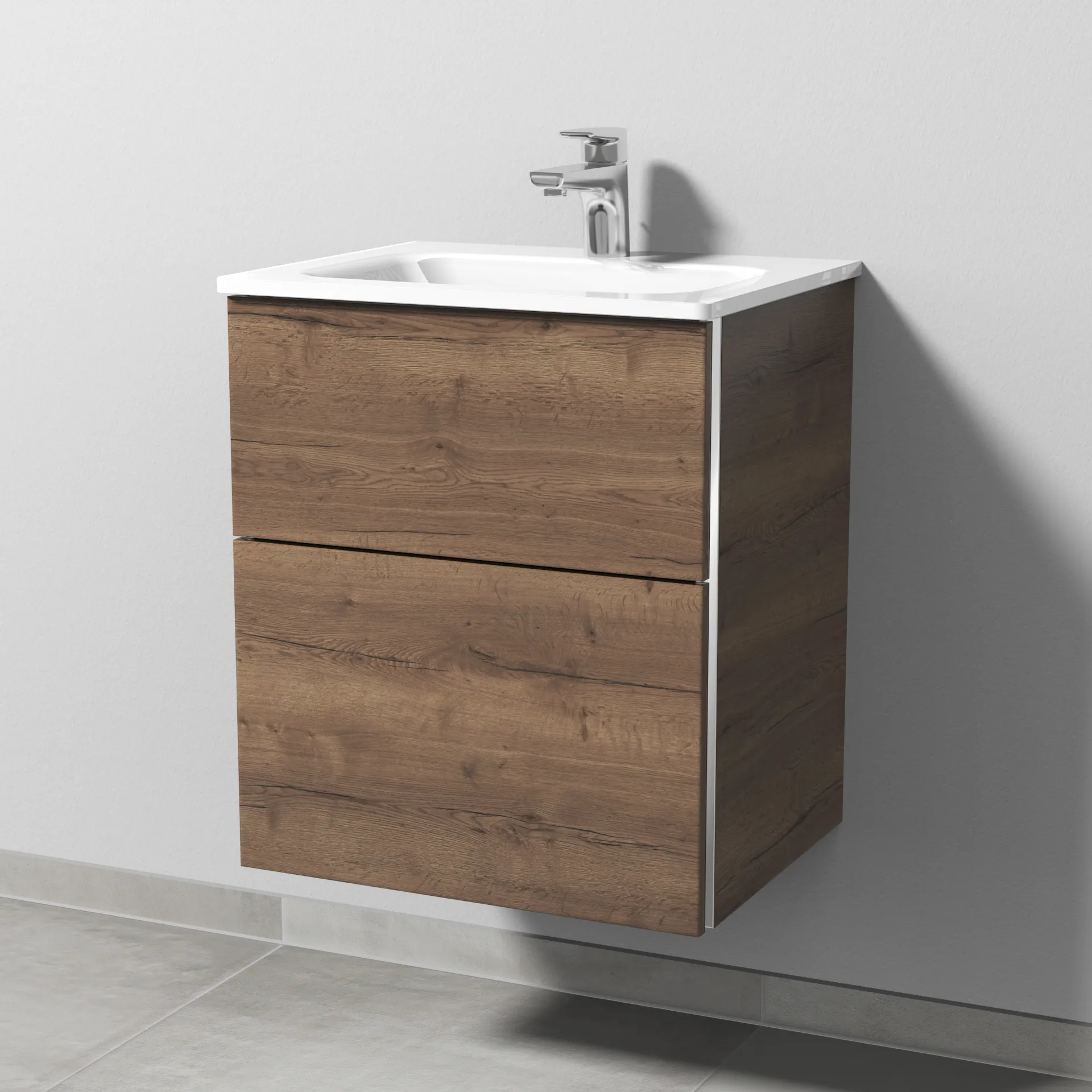 Sanipa Glas-Waschtisch-Waschtischunterschrank mit Waschtischunterschrank „3way“ 500 × 582 × 407 mm in Eiche Tabak, mit Hahnlochbohrung