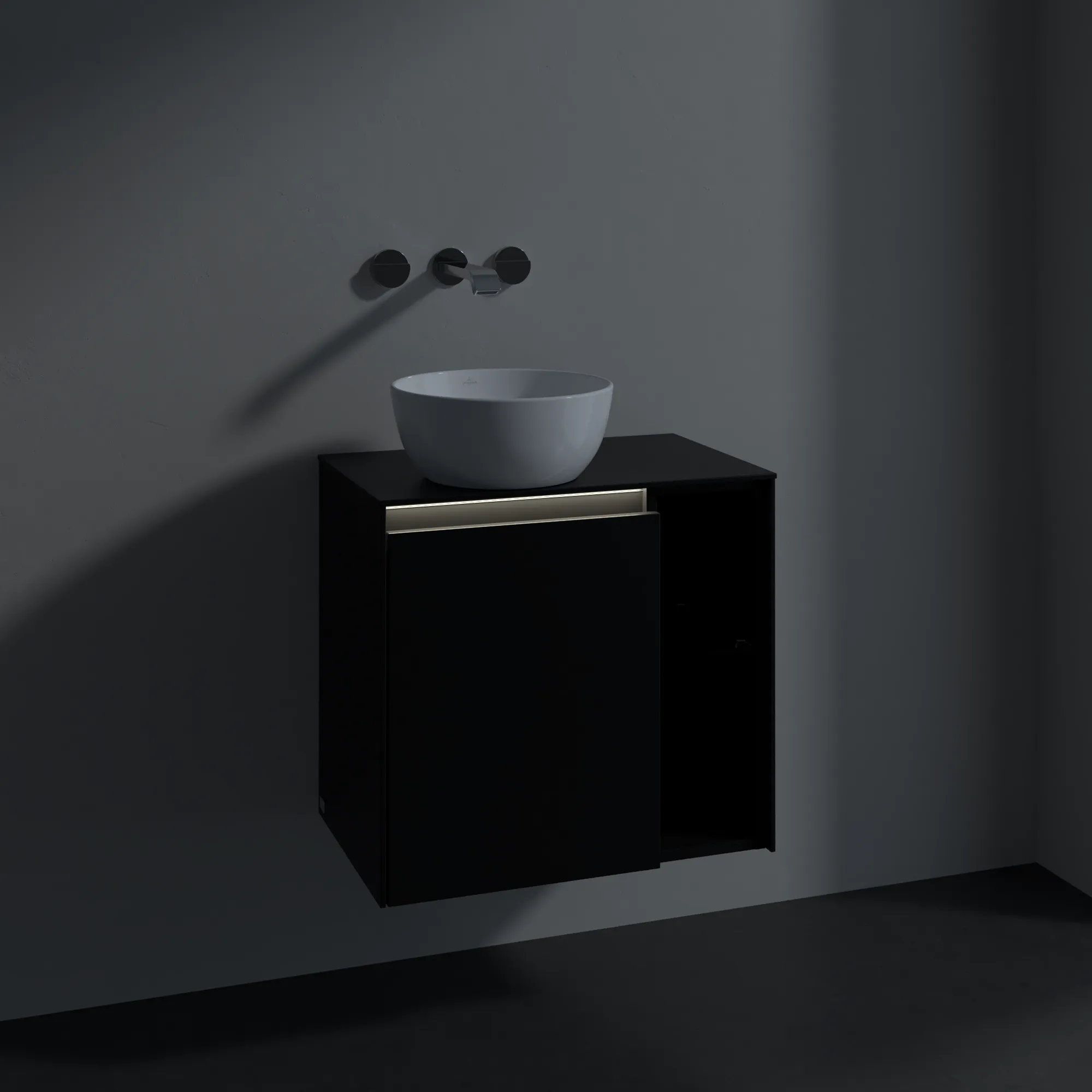 Villeroy & Boch Waschtischunterschrank „Collaro“ 600 × 548 × 380 mm Volcano Black, für Becken links, Anschlag links, mit Beleuchtung Villeroy & Boch Waschtischunterschrank „Collaro“ 600 × 548 × 380 mm Volcano Black, für Becken links, Anschlag links, mit Beleuchtung