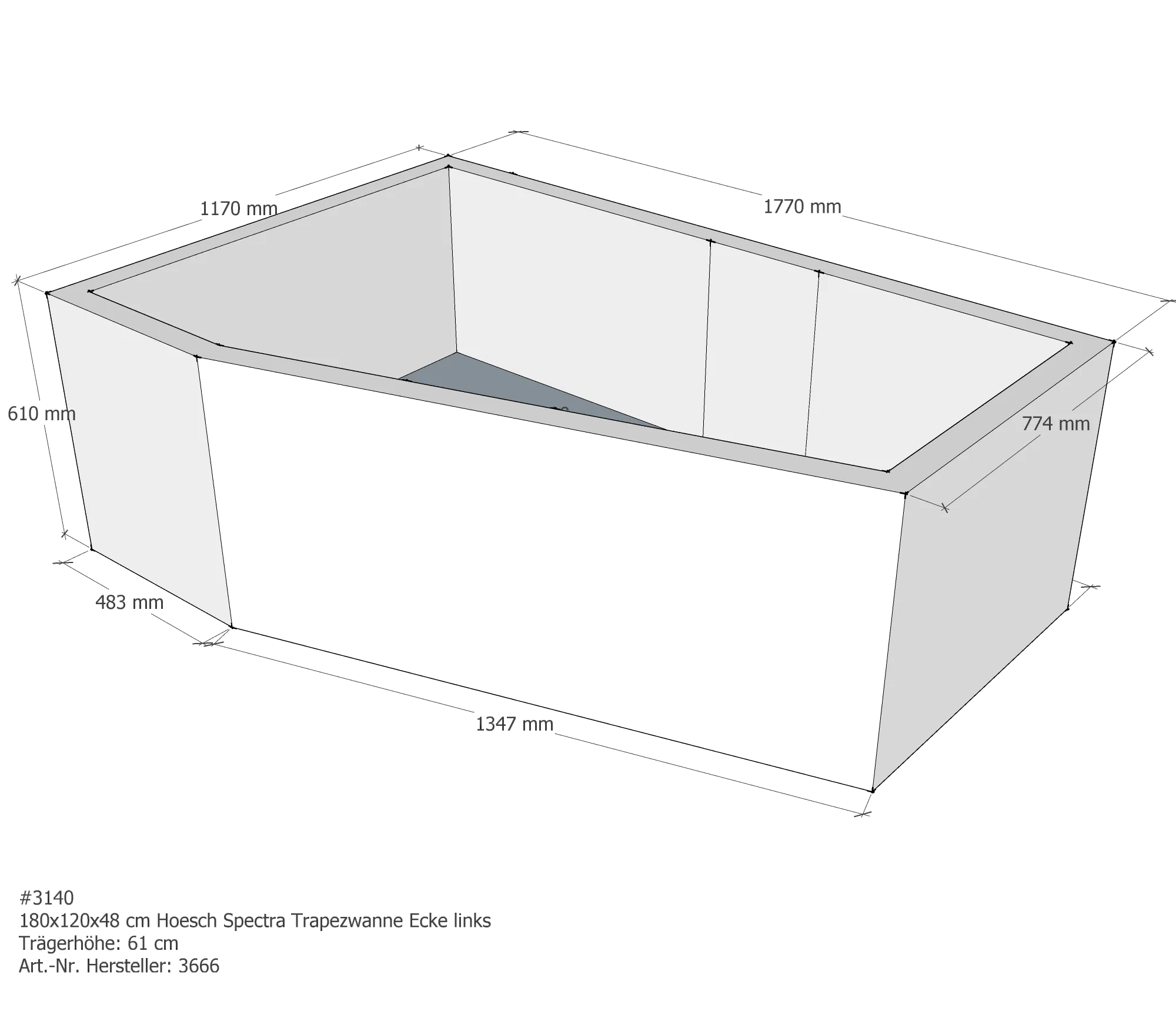 Badewannenträger für Hoesch Spectra 180×120 L links 180 × 120 × 48 cm