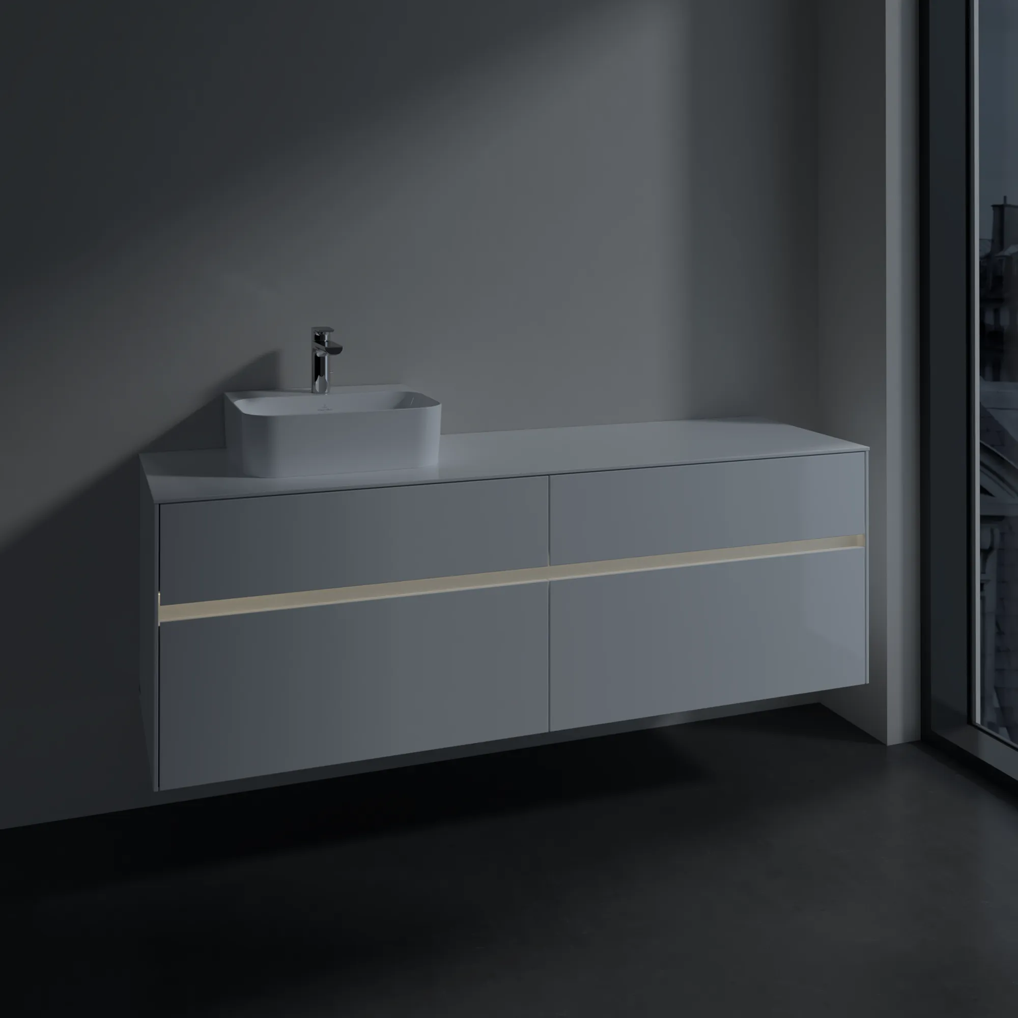 Villeroy & Boch Waschtischunterschrank „Collaro“ 1600 × 548 × 500 mm Glossy White, mit Beleuchtung, für Becken links Villeroy & Boch Waschtischunterschrank „Collaro“ 1600 × 548 × 500 mm Glossy White, mit Beleuchtung, für Becken links