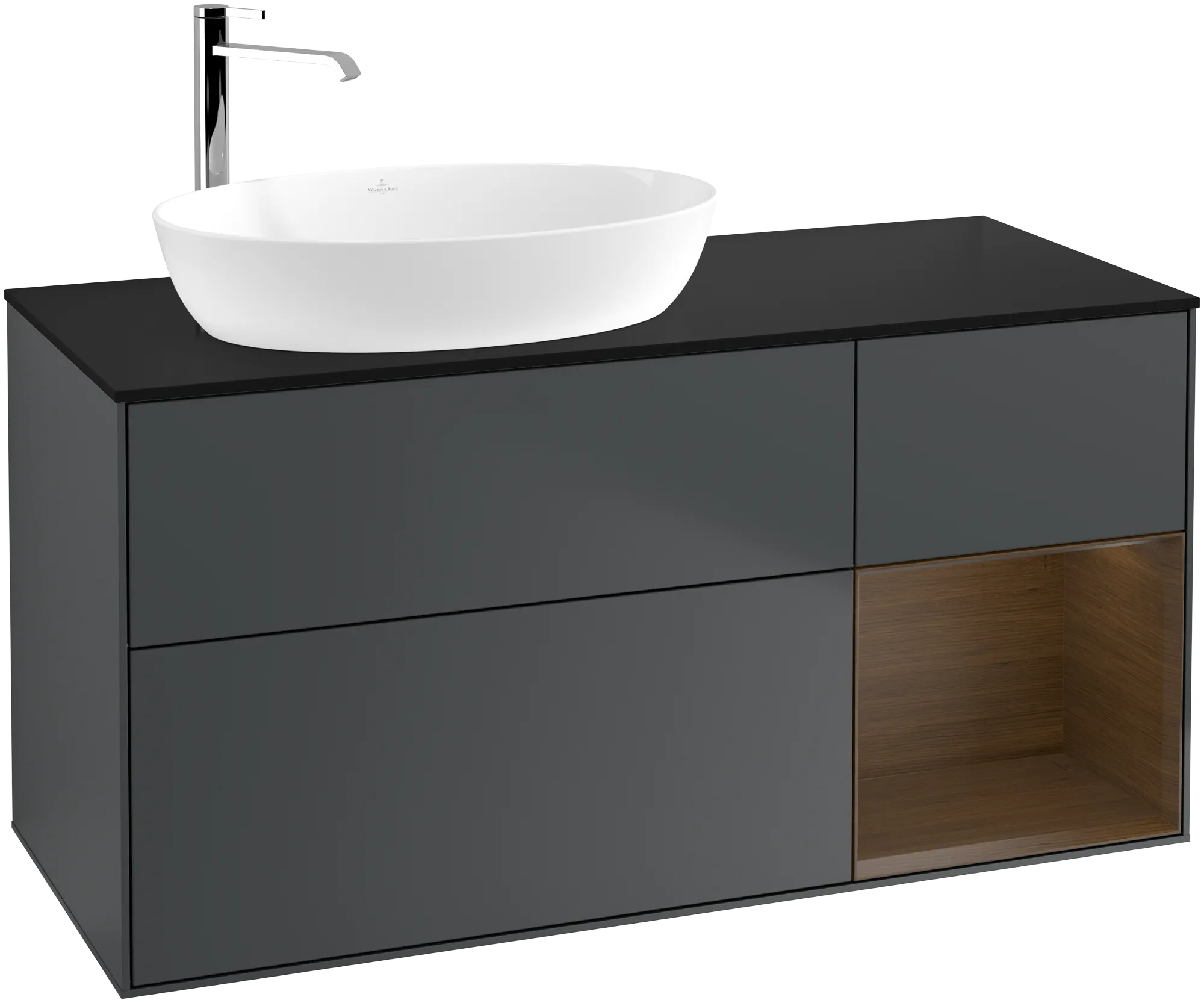 Villeroy & Boch Finion Waschbeckenunterschrank G93, 1200x603x501mm, Midnight Blue Matt Lacquer / Walnut Veneer / Glass Black Matt