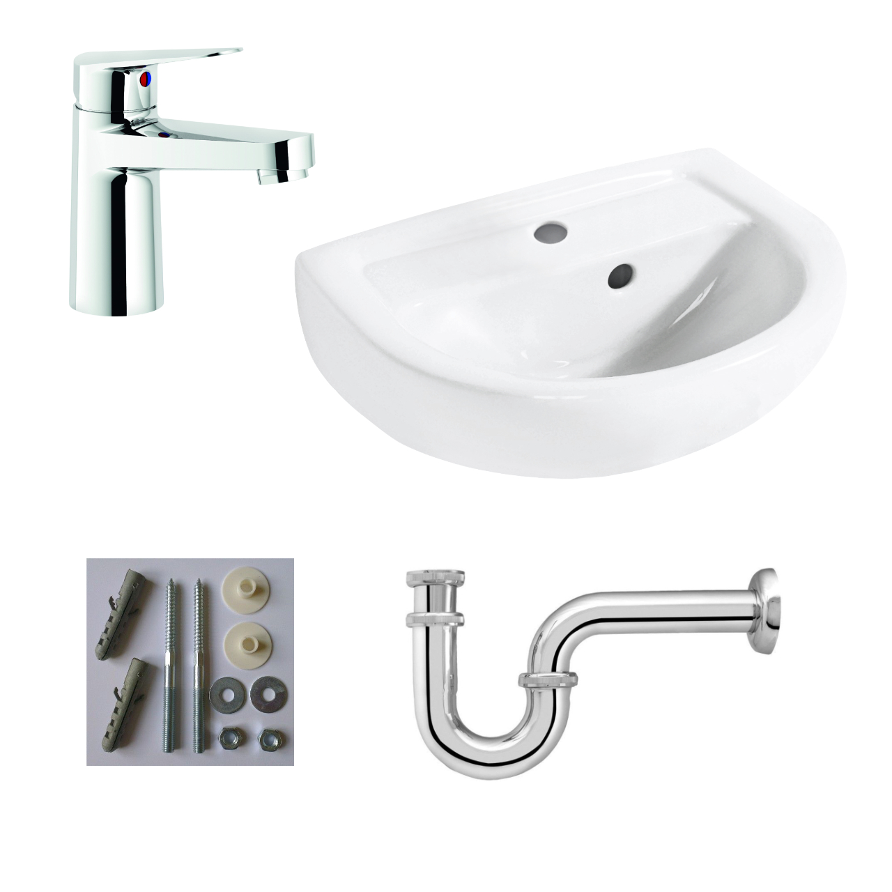 Set-Handwaschbecken mit Armatur und Geruchverschluss-Siphon
