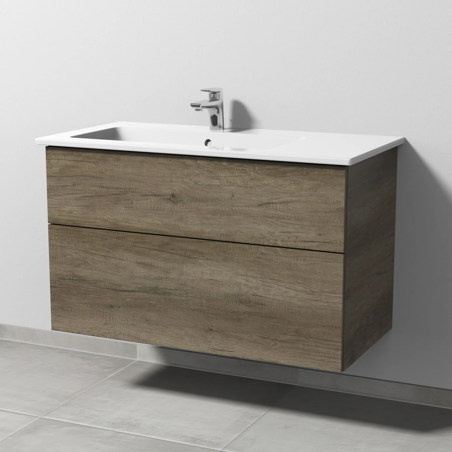 Sanipa Keramik-Waschtisch-Set mit Waschtischunterschrank „3way“ 95,5 × 47,7 × 59,1 cm in Eiche Nebraska, links
