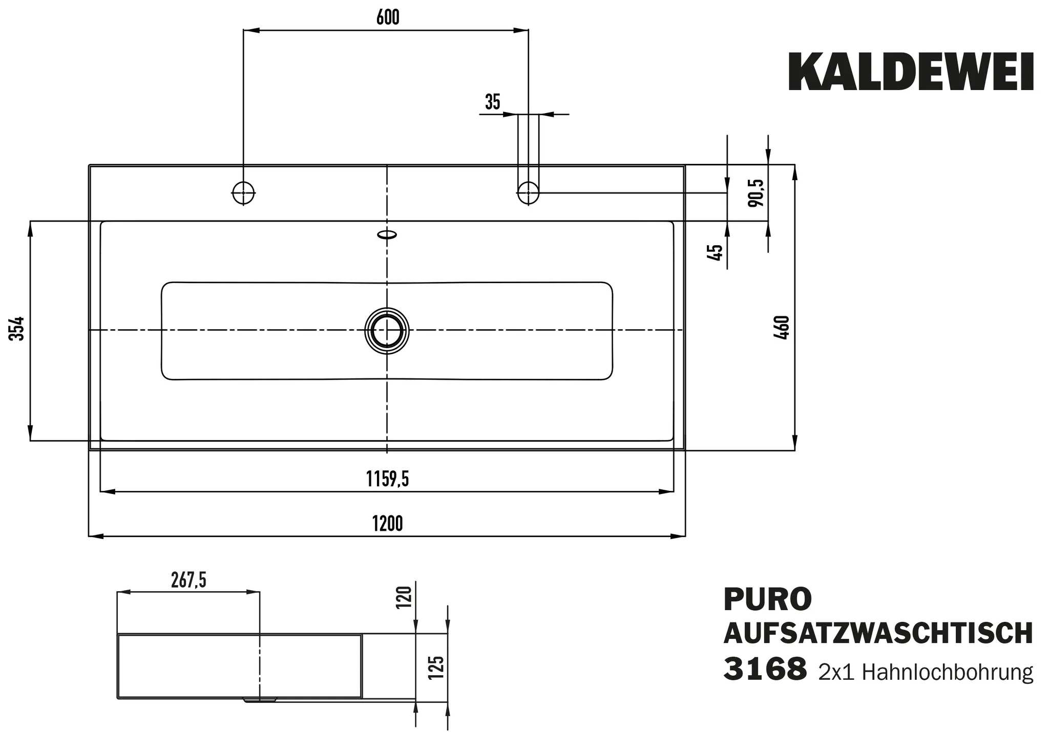 Kaldewei PURO Aufsatz-Doppelwaschtisch, 1200x460 mm, Randhöhe 120 mm, Farbe cool grey 90, Perl-Effekt, Antidröhnen, mit 2x1er Hahnlochbohrung