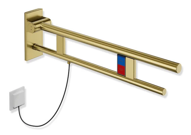 HEWI Stützklappgriff Duo System 900, Design A, Edelstahl PVD gold gebürstet, Ausladung 750 mm, links, mit Spül-/Funktionstasten E-Ausführung