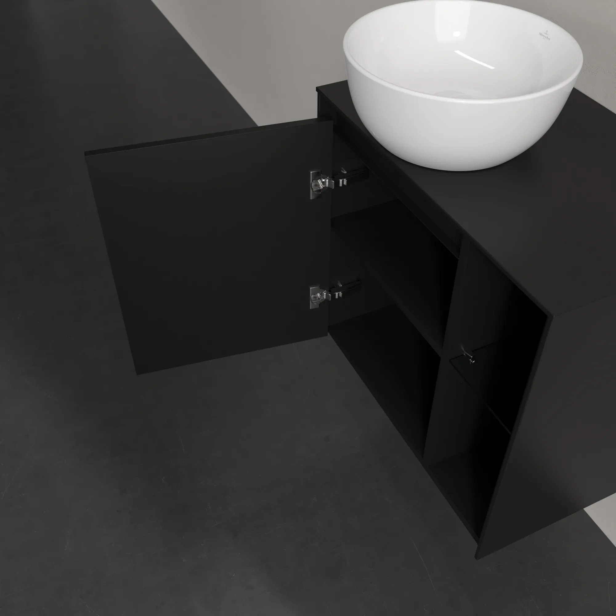 Villeroy & Boch Waschtischunterschrank „Collaro“ 600 × 548 × 380 mm Volcano Black, für Becken links, Anschlag links, mit Beleuchtung Villeroy & Boch Waschtischunterschrank „Collaro“ 600 × 548 × 380 mm Volcano Black, für Becken links, Anschlag links, mit Beleuchtung