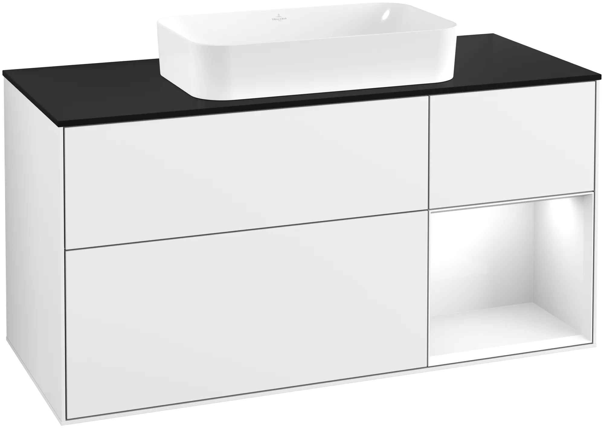 Villeroy & Boch Finion Waschbeckenunterschrank F71 1200x603x501mm Glossy White Lacquer / Glass Black Matt