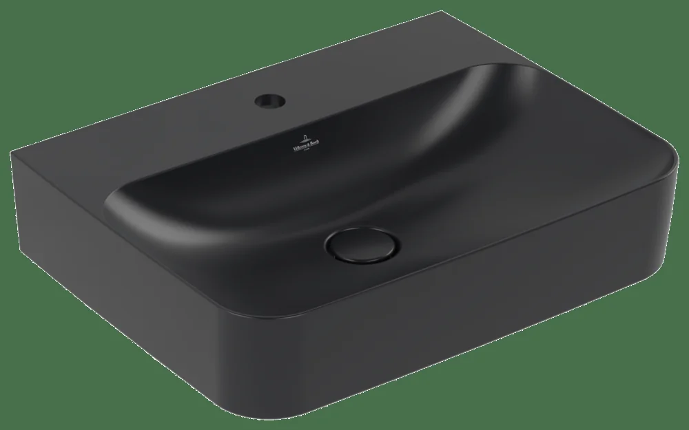 Villeroy & Boch Finion Waschbecken TitanCeram 600x470mm Rechteck 1HL. mittleres Hahnloch durchgestochen Pure Black CeramicPlus Villeroy & Boch Finion Waschbecken TitanCeram 600x470mm Rechteck 1HL. mittleres Hahnloch durchgestochen Pure Black CeramicPlus