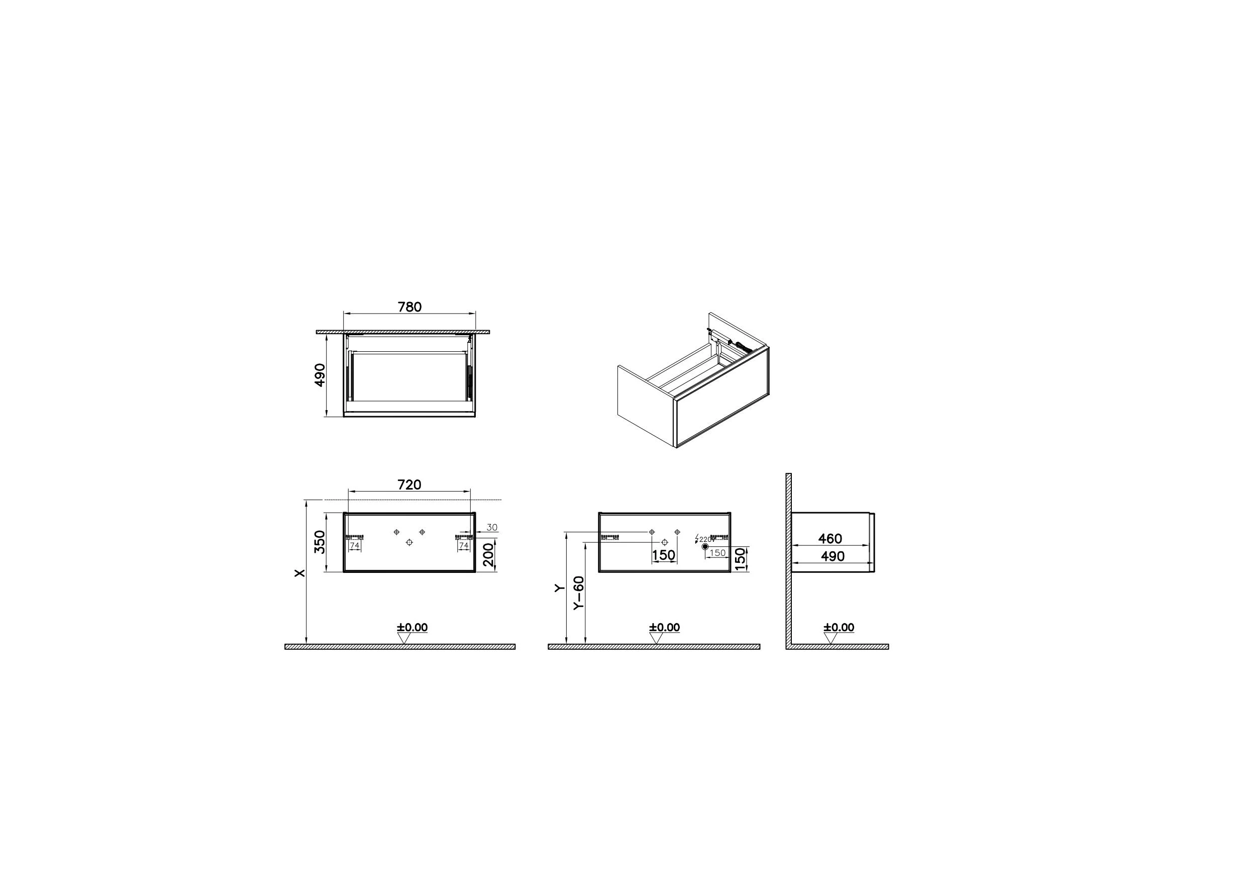 VitrA New Metropole Edge Waschtischunterschrank, Eiche Hell, 78 x 49 x 35 cm, Wandmontage, 1 Vollauszug mit Softclose & Push-Open, LED-Innenbeleuchtung IP67