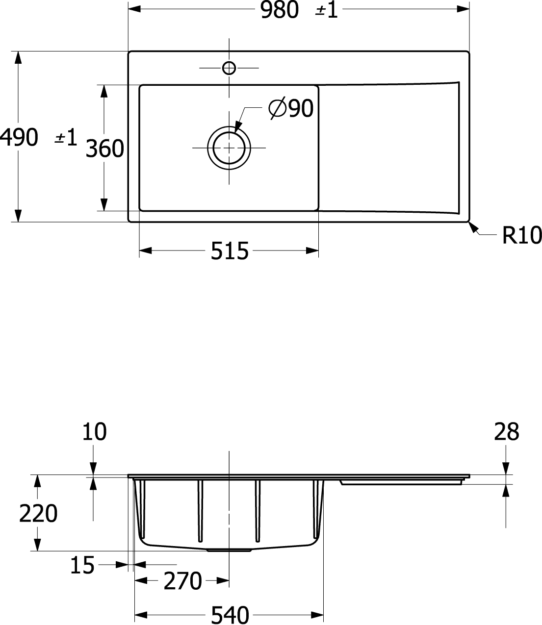 Villeroy & Boch Subway Style 60 Flat 980x490mm, flächenbündige Spüle, links Villeroy & Boch Subway Style 60 Flat 980x490mm, flächenbündige Spüle, links
