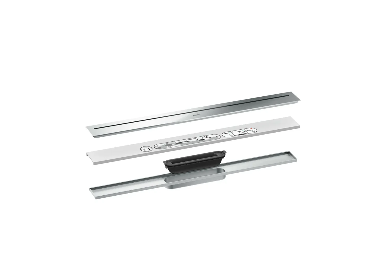 Hansgrohe AXOR Drain Fertigset Duschrinne, 700 mm, Chrom, höhenverstellbar bis 18 mm Fliesenstärke, wasserloses Siphonsystem