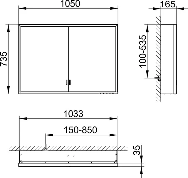 Royal Lumos 14308172301 Spiegelschrank Royal Lumos Wandvorbau, lange Türen 1050 × 735 × 165 mm silber-eloxiert