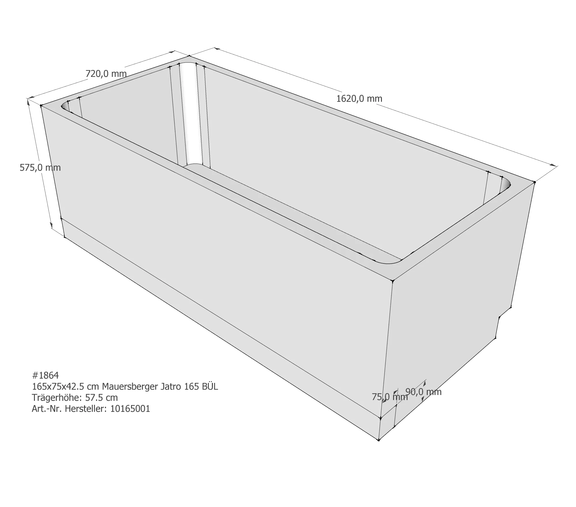 Badewannenträger für Mauersberger Jatro 165/75 Überlauf links links 165 × 75 × 44 cm