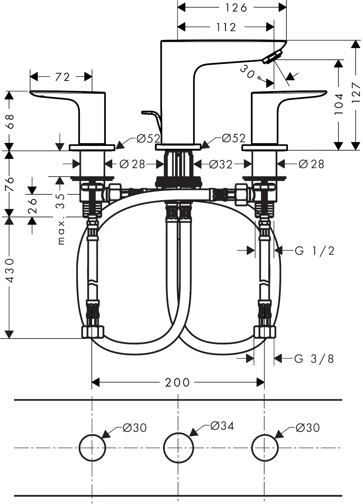 Hansgrohe Talis E 3-Loch Waschtischarmatur Brushed Bronze, Ausladung 112 mm, Auslaufhöhe 104 mm, Hebelgriff, max. Durchfluss 5 l/min, Keramikventile 90°, für Durchlauferhitzer geeignet