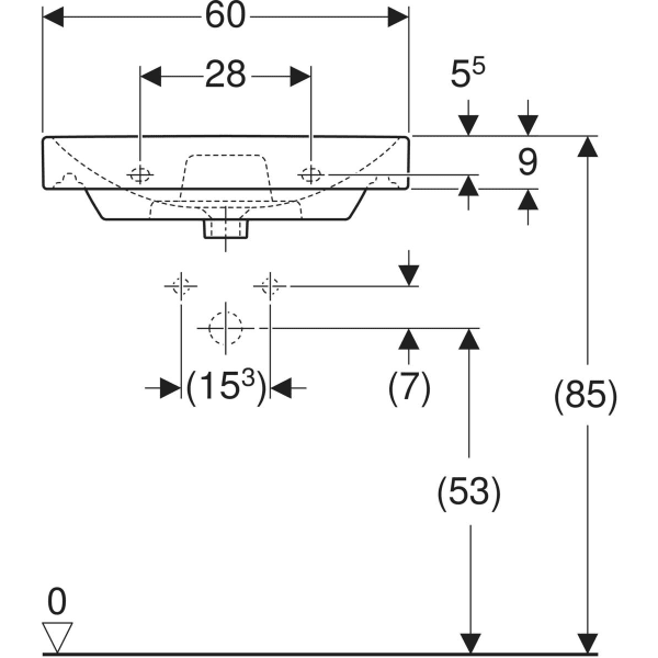 Wandwaschtisch „Smyle Square“, rechteckig, mit Überlauf, Hahnlochposition mittig 60 × 48 cm in weiß alpin