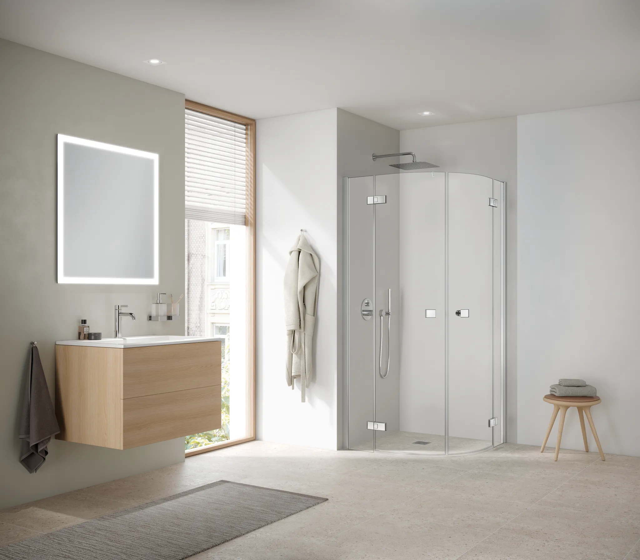 Kermi Duschdesign Viertelkreis-Walk-In-Duschkabine (Pendeltüren mit Festfeldern) mit Wandprofil „MENA“ Profile Silber Hochglanz, BV: 875 - 900 mm GAK: 860 - 880 mm WE: 885 - 905 mm H: 2000 mm