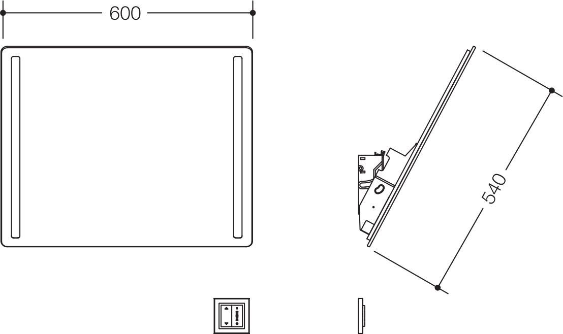 LED-Kippspiegel, motorisiert, Verbundspiegel mit eingearbeitetem Splitterschutz, rechteckig, Breite 600 mm, Höhe 540 mm