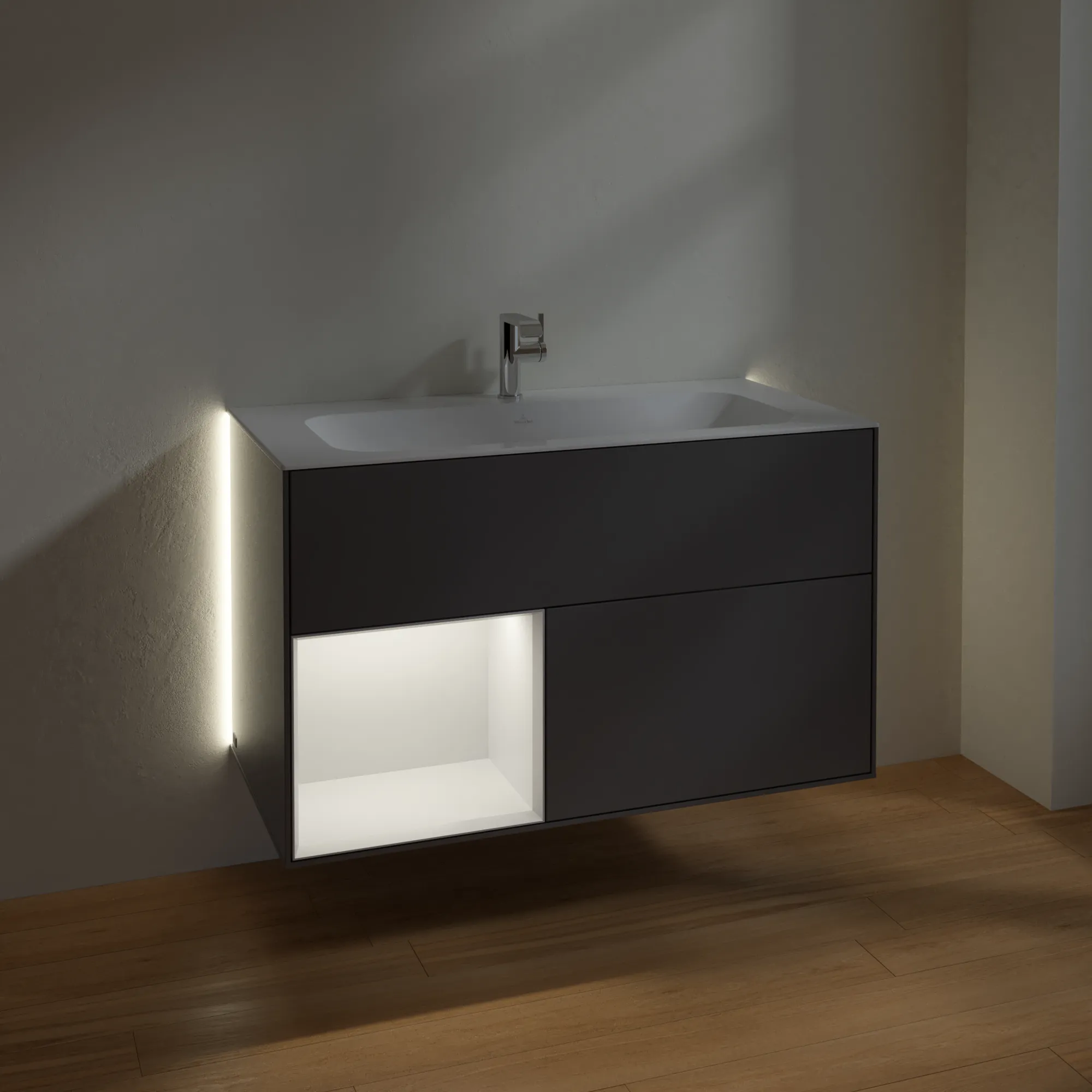 Villeroy & Boch Waschbeckenunterschrank Finion G03, Anthracite Matt Lacquer / Midnight Blue Matt Lacquer, 996x591x498 mm, mit Beleuchtung und Push-to-open Funktion Villeroy & Boch Waschbeckenunterschrank Finion G03, Anthracite Matt Lacquer / Midnight Blue Matt Lacquer, 996x591x498 mm, mit Beleuchtung und Push-to-open Funktion