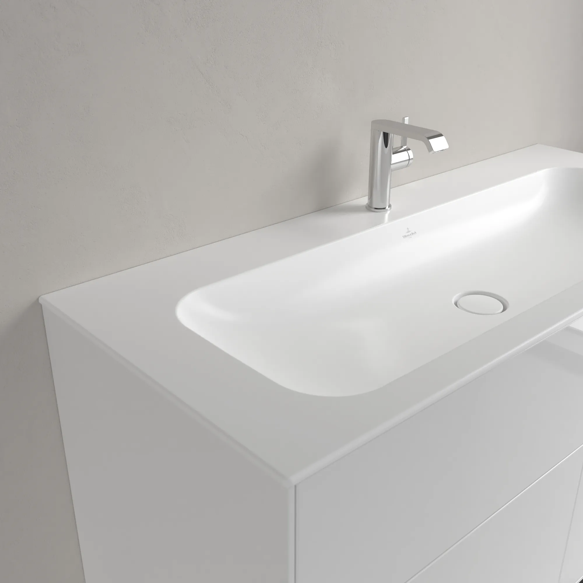 Villeroy & Boch Schrankwaschtisch aus TitanCeram „Finion“ 1200 × 500 × 160 mm, mit Hahnlochbohrung, Hahnlochposition mittig in Stone White, mit CeramicPlus Villeroy & Boch Schrankwaschtisch aus TitanCeram „Finion“ 1200 × 500 × 160 mm, mit Hahnlochbohrung, Hahnlochposition mittig in Stone White, mit CeramicPlus