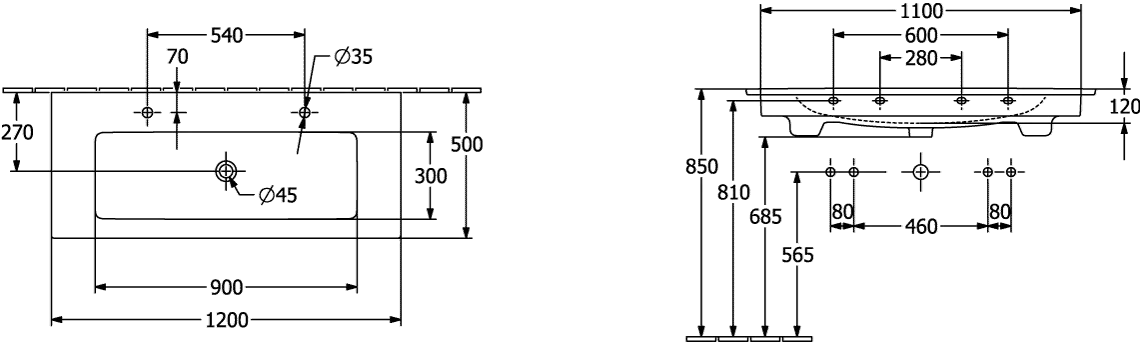 Villeroy & Boch Wandwaschtisch „Venticello“ 1200 × 500 × 175 mm, für Becken mittig, Hahnlochposition links und rechts, mit Hahnlochbohrung in Weiß Alpin