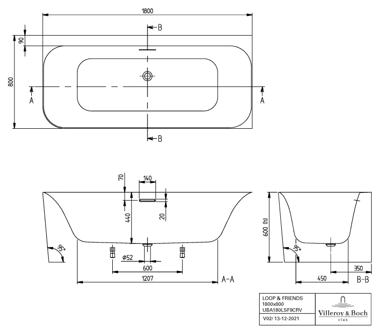 Villeroy & Boch Whirlwanne mit eckiger Innenform „Loop & Friends“ mit Whirlsystem „Airpool Comfort“ vorwand rechteck 180 × 80 cm, rechts