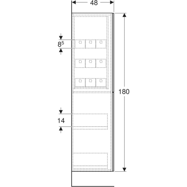 Hochschrank mit zwei Auszügen: 24x180x48cm, Korpus und Front: weiß / lackiert hochglänzend