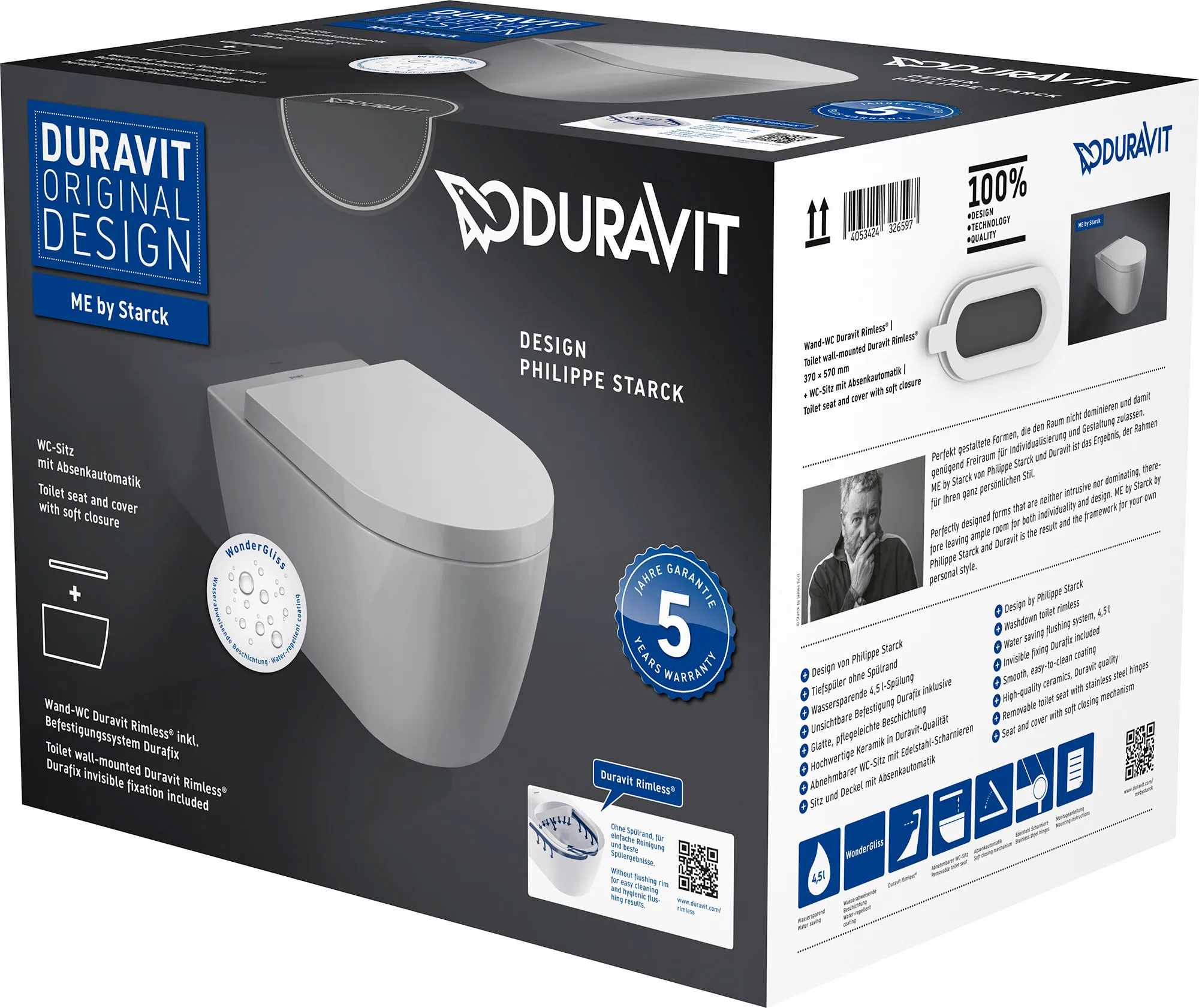 Duravit Wand-Tiefspül-WC inkl. WC-Sitz „ME by Starck“ 37,35 × 57 × 39,5 cm, Befestigung sichtbar Duravit Wand-Tiefspül-WC inkl. WC-Sitz „ME by Starck“ 37,35 × 57 × 39,5 cm, Befestigung sichtbar