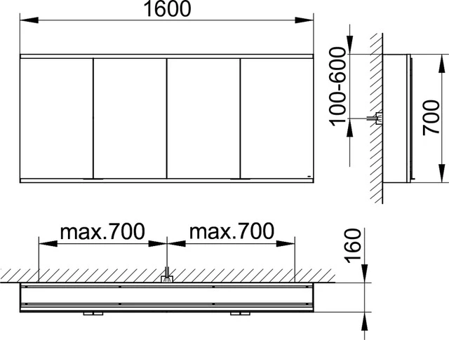 Royal Modular 2.0 800401160100400 Spiegelschrank unbeleuchtet Wandvorbau, 4 Steckdosen 1600 × 700 × 160 mm silber-eloxiert