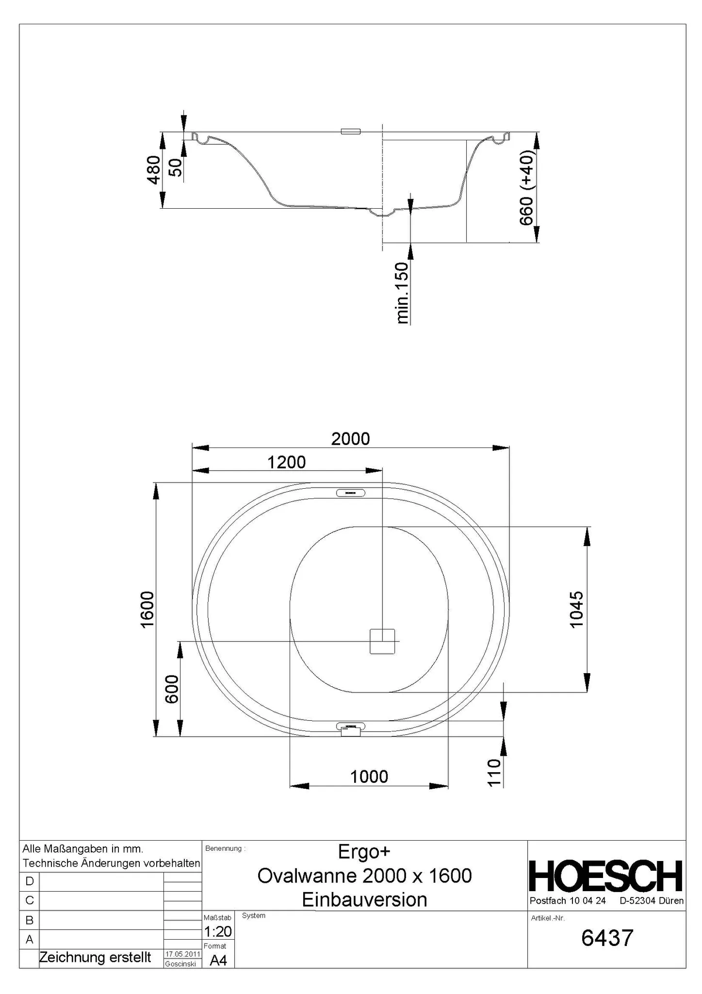 Hoesch Badewanne „Ergo+“ oval 200 × 160 cm in Weiß